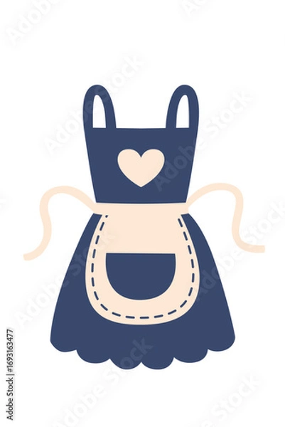 Fototapeta Navy blue kitchen apron with white heart on bib. Contrast trim and scalloped edges. Classic cooking wear for home baking and meal preparation. Vector illustration isolated on white background