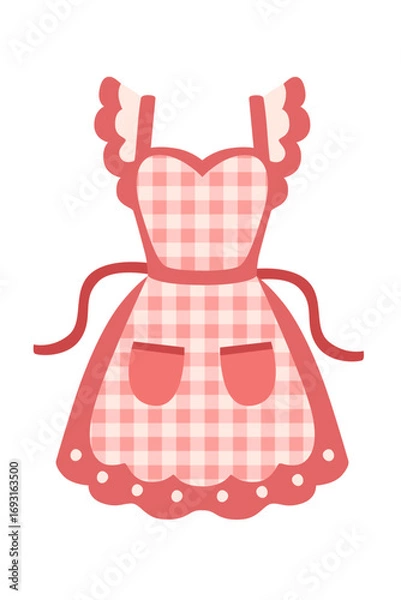 Fototapeta Pink gingham kitchen apron with ruffled trim and polka dot border. Traditional cooking wear with checkered pattern and decorative details. Feminine vintage style for home baking. Vector illustration
