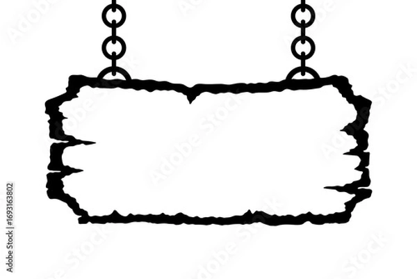 Fototapeta Signboard hanging on chains. Black silhouette. Horizontal front view. Vector simple flat graphic hand drawn illustration. Isolated object on white background. Isolate.