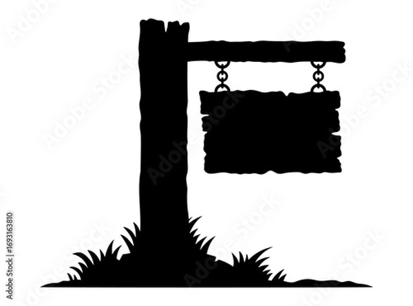 Fototapeta Signpost. Signboard hanging on chains. Black silhouette. Front view. Vector simple flat graphic hand drawn illustration. Isolated object on white background. Isolate.