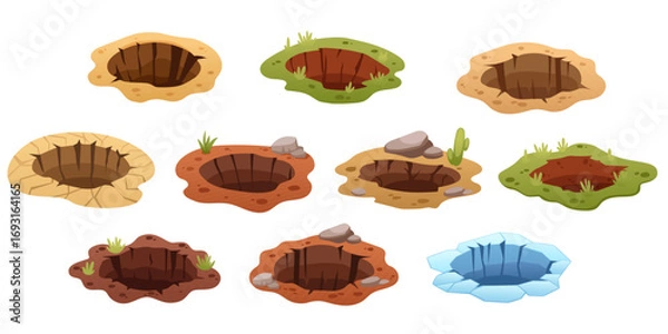 Fototapeta Collection of ground holes and craters. Various earth pits with different shapes and vegetation. Brown soil, green moss edges, rocky surfaces. Natural openings for game design. Vector illustration