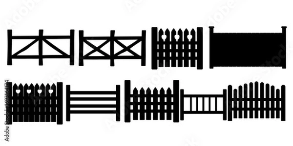 Fototapeta Black fence silhouette collection. Various garden and property boundary designs. Wooden picket, decorative metal and solid panel fencing styles. Residential border elements. Vector illustration