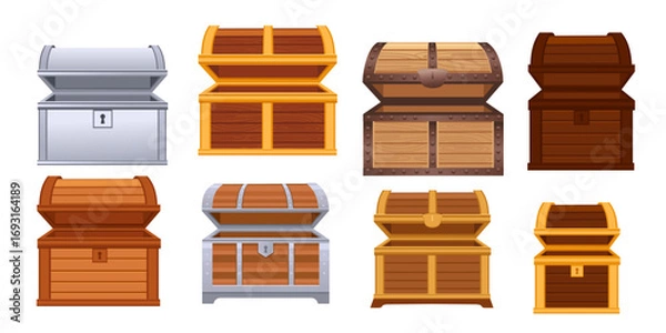 Fototapeta Treasure chest collection set. Wooden and metal storage boxes with locks and keys. Pirate treasure chests, antique storage containers. Different sizes and styles for game design. Vector illustration