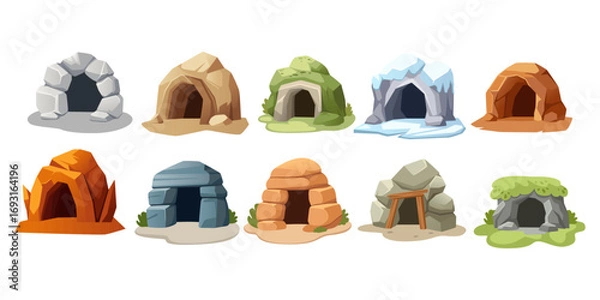 Fototapeta Cave entrance collection with ground bases. Stone formations and rocky arches in different materials. Natural underground openings for game design applications. Environmental elements. Vector