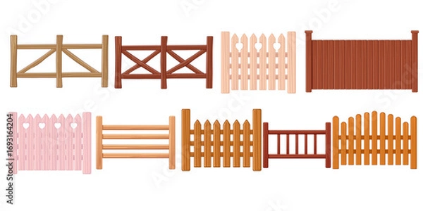 Fototapeta Wooden fence collection set. Various styles including cross-braced, picket and solid panels in different wood colors. Garden boundary elements. Vector illustration isolated on white background