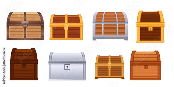 Fototapeta Treasure chest collection set. Wooden and metal storage boxes with locks and clasps. Pirate treasure containers in different styles and materials. Game design elements. Vector illustration isolated