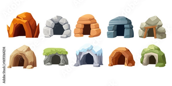 Fototapeta Cave entrance collection set. Stone arches and rocky formations in various materials. Natural underground openings with moss, ice, wooden supports. Game design elements. Vector illustration