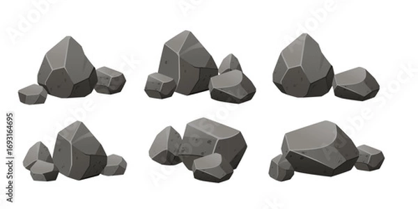 Fototapeta Stone boulder collection set. Gray rocky formations in various geometric shapes and sizes. Natural mineral elements for landscape and game design. Vector illustration isolated on white background