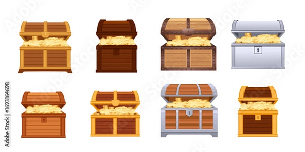 Fototapeta Open treasure chest collection with gold coins. Wooden and metal storage boxes filled with golden treasures. Pirate wealth containers. Game design elements. Vector illustration isolated on white