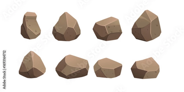 Fototapeta Brown rock collection. Natural stone boulders with textured surfaces in various shapes and sizes. Earth-toned mineral elements for nature designs. Vector illustration isolated on white background