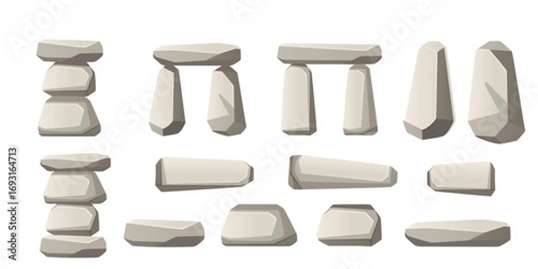 Fototapeta Stone boulder collection. Gray rocks in various geometric shapes and arrangements. Stacked and single formations. Natural mineral blocks for design. Vector illustration isolated on white background