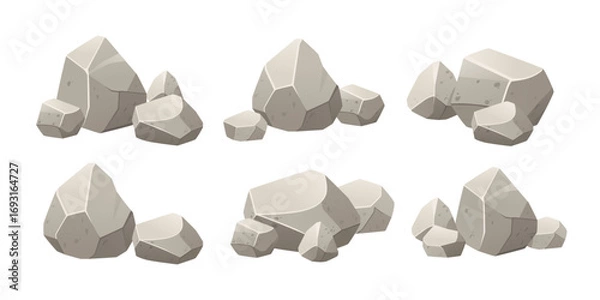 Fototapeta Stone clusters collection. Gray rock formations arranged in various groups and piles. Natural mineral elements with different shapes and textures. Vector illustration isolated on white background