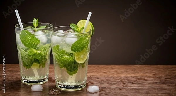 Obraz Refreshing Mojito Cocktails with Mint and Lime on Wooden Table.