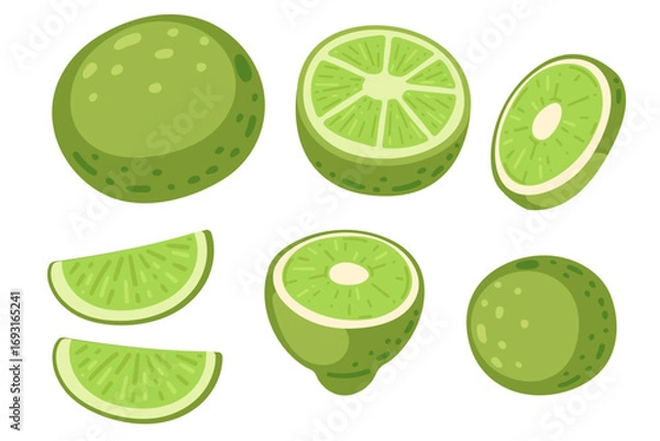 Fototapeta Lime fruit collection. Green citrus whole and sliced segments. Fresh sour tropical fruit with textured peel. Vitamin C rich healthy elements. Vector illustration isolated on white background