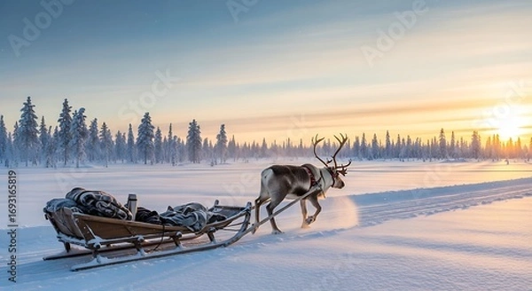 Obraz Reindeer Pulling a Sleigh Through a Snowy Winter Landscape.