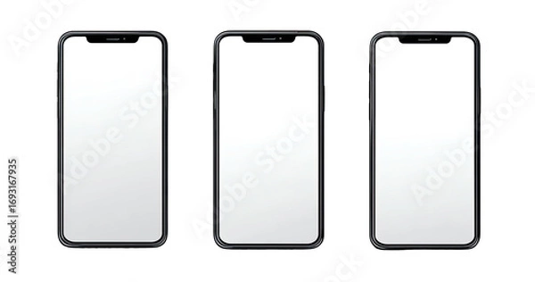 Obraz Three black smartphones, vertically oriented, display blank