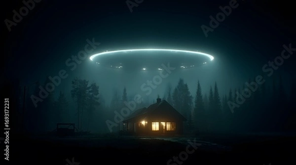 Fototapeta A mysterious scene featuring a house illuminated at night with a glowing UFO hovering above it, surrounded by dark trees and fog