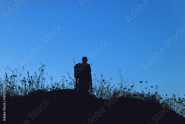 Fototapeta Silhouette of a lone hiker with a backpack standing on a hill at twilight, surrounded by wild grasses against a deep blue evening sky.