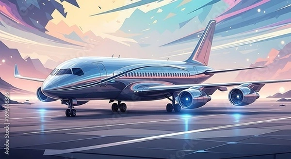 Obraz Sleek Airplane on Runway with Futuristic Sky Backdrop.