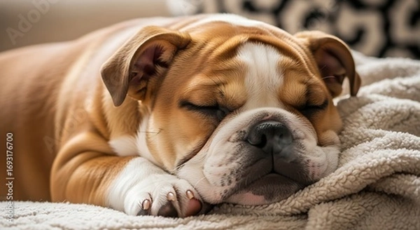 Obraz Sleeping Bulldog on a Cozy Blanket.