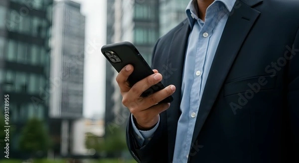 Obraz Professional businessman using his mobile phone for business communication in the city, checking email, texting clients, and managing his schedule with modern mobile technology