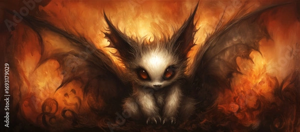 Fototapeta Cute dark demon creature with wings in fiery background, fantasy digital art
