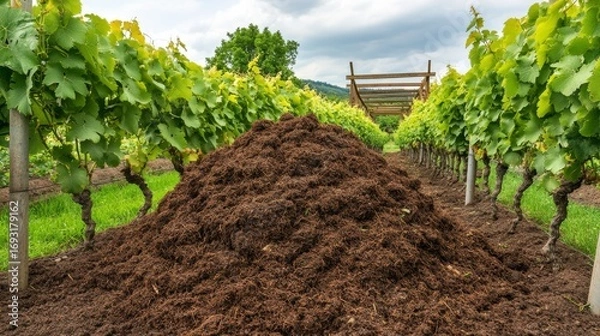 Fototapeta Vineyard Rows and Large Compost Heap, Agriculture ,Farming