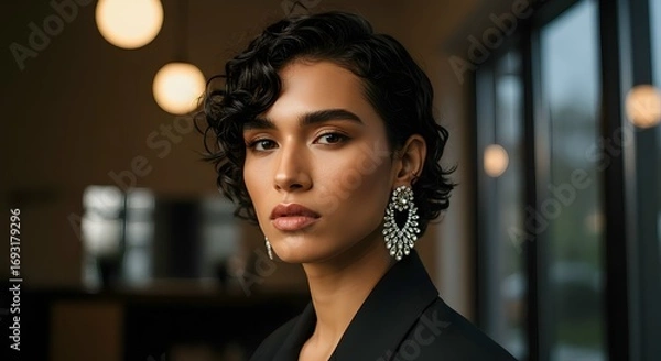 Obraz Elegant woman showcasing designer earrings in a sophisticated setting, bringing a touch of timeless glamour to your brand, ideal for jewelry ads, luxury promotions, and fashion editorials