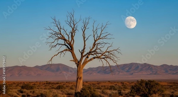 Obraz Solitary Baobab Tree Under a Full Moon in the Desert Landscape.