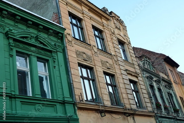 Fototapeta Facades of historical buildings in the old center of Brasov city in Transylvainia, Romania