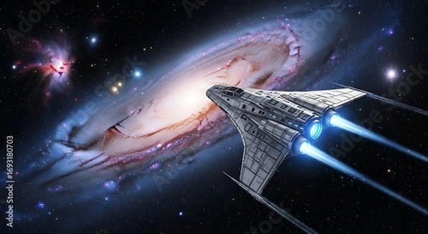 Obraz Spaceship Navigating Cosmic Nebula.