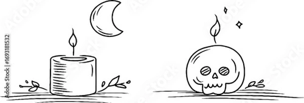 Fototapeta Mystical minimalist line art: moon, candle, and skull for bohemian tarot design