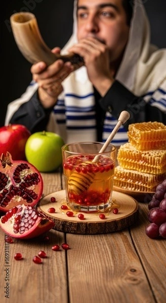 Fototapeta Solemn figure blowing shofar, observing Rosh Hashanah with sweet honey, bright apples, red pomegranates on dark wood, Jewish New Year celebration.
