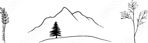 Fototapeta Minimalist line art collection of stone, mountain, and tree elements