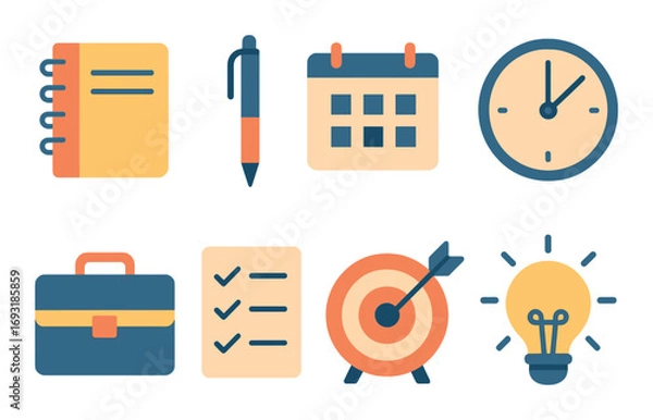 Fototapeta Business and productivity flat icon set. featuring notebook, pen, calendar, clock, briefcase, checklist, target, lightbulb.