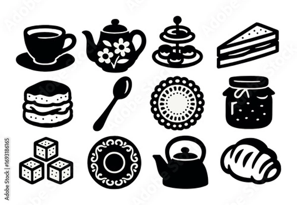 Fototapeta Tea time silhouette icon set. featuring teapot, teacup, cake, cookies, spoon, jar, bread, sugar, and plate symbols.