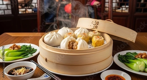 Obraz Steaming Dim Sum Basket with Bok Choy and Dipping Sauce.