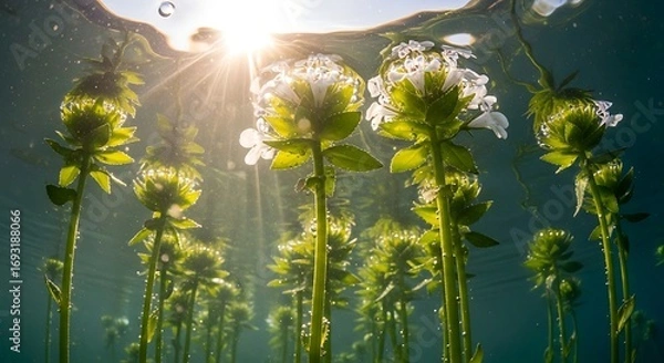 Obraz Sunlight filtering through water illuminating aquatic plants.