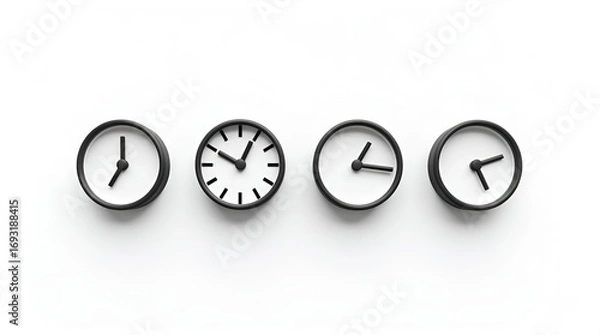 Fototapeta Four minimalist black and white analog clocks showing different times in a horizontal row on a clean white background, perfect for concepts of time management, deadlines, and progression