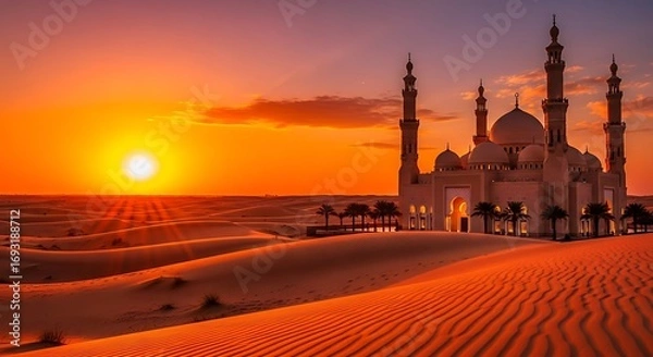Obraz Sunset over the Mosque in the Desert.