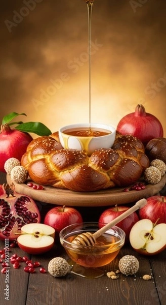 Fototapeta Rosh Hashanah table with round challah bread, pouring golden honey, vibrant red pomegranates, fresh apples, sweet dessert balls, wooden surface, festive holiday meal.