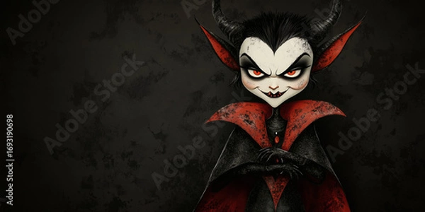 Fototapeta Cartoon vampire devil character with horns and red cape, dark fantasy art