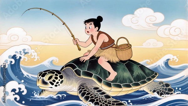 Fototapeta 浦島太郎と海亀、海中に入る前の不安な瞬間