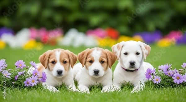 Obraz Three adorable puppies in a vibrant spring garden.