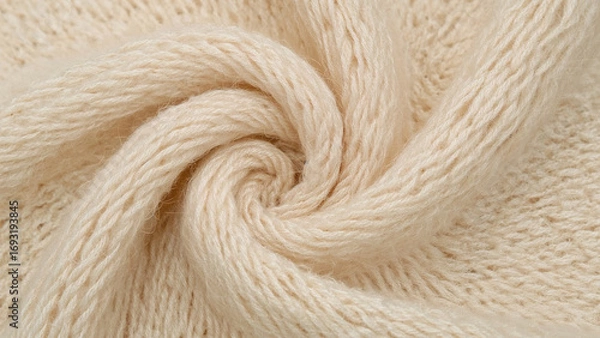 Fototapeta Close up of beige knitted fabric spiral with detailed yarn and soft texture