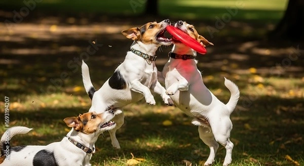 Obraz Three Jack Russell Terriers Playing with a Frisbee Outdoors.