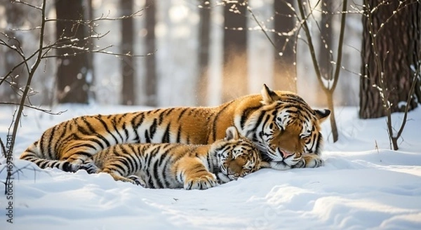 Obraz Tiger and Cub Resting in Snowy Winter Forest.