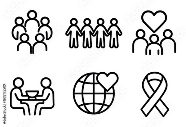 Fototapeta Charity and social care linear icon set. featuring community, teamwork, support, togetherness, and compassion symbols.