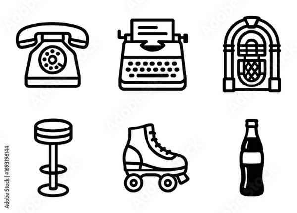 Fototapeta Retro nostalgia linear icon set. featuring typewriter, telephone, jukebox, stool, roller skate, and bottle.