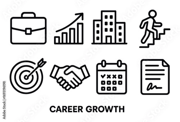 Fototapeta Career growth linear icon set. featuring briefcase, graph, building, stairs, target, handshake, calendar, contract.